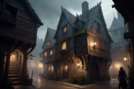 Prompt: Huge very detailed DnD fantasy landscape with a murky city, detailed houses and taverns, atmospheric lighting, highresolution, dark fantasy, detailed architecture, immersive, murky tones, medieval, mysterious, foggy, bustling city, detailed alleys, ancient buildings, moody atmosphere, a dnd female Dnd Rogue lungering around a house corner with a dagger in her hand