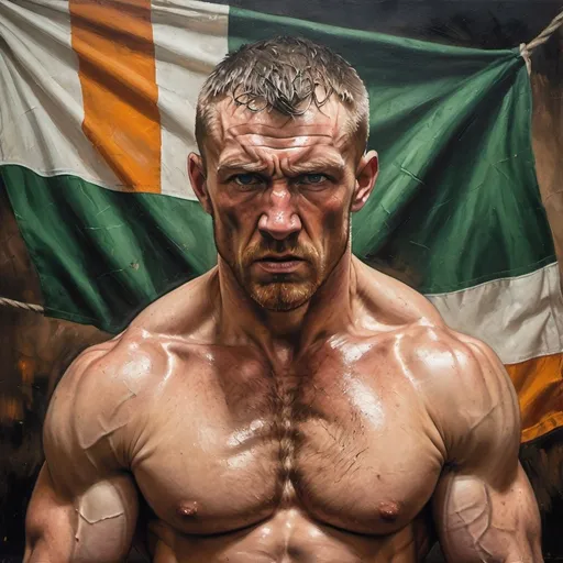 Prompt: Irish bareknuckle fighter, traditional oil painting, muscular build, weathered face, intense expression, Irish flag in the background, raw and gritty style, earthy tones, dramatic lighting, traditional art, gritty, intense, muscular, traditional oil painting, Irish flag, dramatic lighting