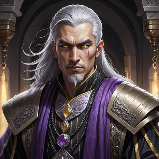 Prompt: Detailed DnD fantasy art of a heroic male dnd yuan-ti pureblood cleric, traditional detailed painting,  white in grey hair, intricate black in Black gown silver stripes, purple ornaments, detailed black belts, dramatic lighting, vibrant colors, high quality, game-rpg style, epic fantasy, traditional art,, dramatic lighting, heroic cleric, vibrant colors, high quality details, detailed yellow snake eyes, splitted tongue, Arabic ancestry