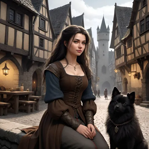 Prompt: Detailed DND halfing waife in medieval city landscape, darkbrown hair, rugged clothes, German black spitz sitting beside, murky lighting, medieval streets, medieval buildings, many inhabitants in background, high quality, detailed, medieval, fantasy, detailed hair, traditional, atmospheric lighting, detailed scenery