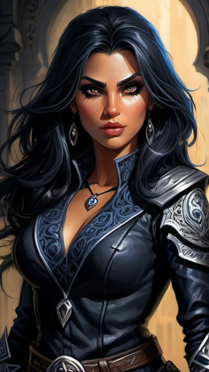 Prompt: Detailed DnD fantasy art of a pretty heroic female dnd Rogue, Amita Suman facial twin, bonnie facial traits, black eyes, thick long tousled black hair, traditional detailed oil painting, intricate small black leather armor,  detailed black belts, dramatic lighting, dark vibrant colors, high quality, game-rpg style, epic high fantasy, traditional art, detailed black leather armor, dramatic dark lighting, heroic rogue, fascinating, high quality details, Dagger, murky urban arabic background