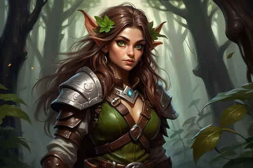 Prompt: Detailed DnD fantasy art of a pretty heroic female wood gnome druid, Aishwarya Rai facial twin, cute facial traits, green eyes, thick long tousled syringa hair, little cleavage, traditional detailed oil painting, intricate small brown leather armor, detailed black belts, dramatic lighting, dark vibrant colors, high quality, game-rpg style, epic high fantasy, traditional art, detailed brown leather armor, dramatic dark lighting, heroic druid, fascinating, high quality details, wandering staff in the hand, in a murky forest background in a DnD fantasy landscape with detailed plants and trees, atmospheric lighting, highres, fantasy,  immersive, murky tones, medieval, mysterious, foggy, moody atmosphere, little birds flying around, dragonflies and butterflies flying around