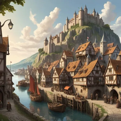 Prompt: Medieval fantasy landscape with bustling village and harbor, detailed architecture and cobblestone streets, lively townsfolk in period clothing, merchant ships docked, majestic castle on a hill, mystical fantasy lighting, high quality, detailed medieval architecture, bustling harbor, lively townsfolk, majestic castle, fantasy landscape, mystical lighting