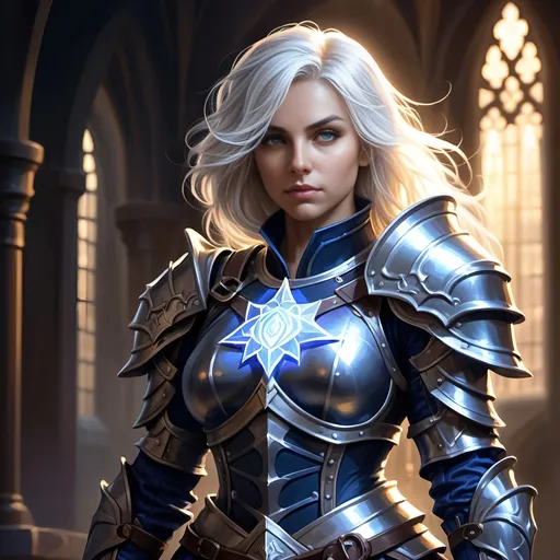 Prompt: D&D Fantasy illustration of a female cleric in darkblue full plate armor, overhelming and stunning beautiful and cute facial traits, full body, immensive thick tousled white hair, radiant glowing eyes, mystical holy symbols engraved on armor, ethereal glow surrounding her, high quality, detailed armor, fantasy, radiant, grey eyes, white hair, mystical, ethereal, full plate armor, female cleric, detailed, radiant glow, enchanted, professional lighting