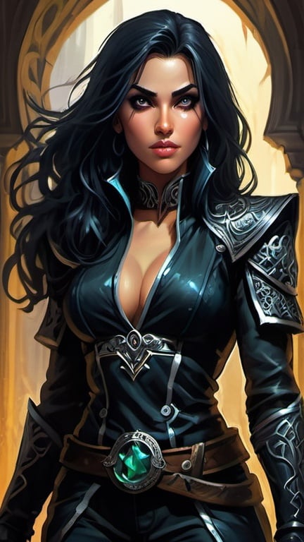 Prompt: Detailed DnD fantasy art of a pretty heroic female dnd Rogue, Aminta Suman facial twin, lovely facial traits, darkbrown eyes, thick long tousled black hair, traditional detailed oil painting, intricate small black leather armor,  detailed black belts, dramatic lighting, dark vibrant colors, high quality, game-rpg style, epic high fantasy, traditional art, detailed black leather armor, dramatic dark lighting, heroic rogue, fascinating, high quality details, Dagger, murky urban arabic background