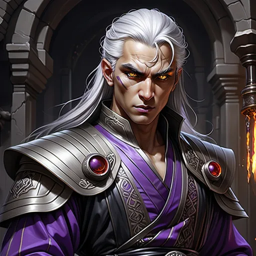 Prompt: Detailed DnD fantasy art of a heroic male dnd yuan-ti pureblood cleric, traditional detailed painting,  white in grey hair, intricate black in Black gown silver stripes, purple ornaments, detailed black belts, dramatic lighting, vibrant colors, high quality, game-rpg style, epic fantasy, traditional art,, dramatic lighting, heroic cleric, vibrant colors, high quality details, detailed yellow snake eyes, splitted tongue, Arabic ancestry