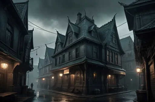 Prompt: Huge very detailed Cthulhu fantasy landscape with a gloomy murky city, detailed houses and taverns, dark atmospheric lighting, highresolution, dark fantasy, detailed architecture, immersive, murky tones, dark eaarly 1920's mysterious, foggy, bustling city, detailed alleys, 1920's buildings, moody atmosphere, few mystic people hided in the shadows, Byakhee is loitering around