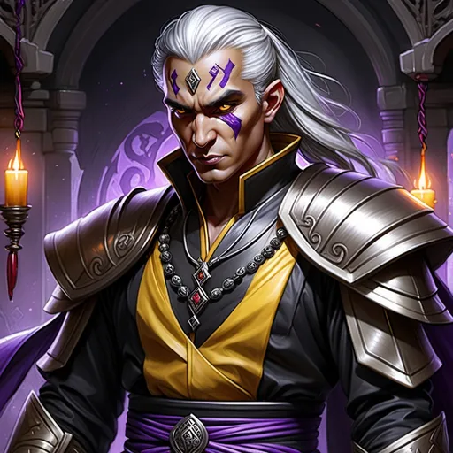 Prompt: Detailed DnD fantasy art of a heroic male dnd yuan-ti pureblood cleric, traditional detailed painting,  white in grey hair, intricate black in Black gown silver stripes, purple ornaments, detailed black belts, dramatic lighting, vibrant colors, high quality, game-rpg style, epic fantasy, traditional art,, dramatic lighting, heroic cleric, vibrant colors, high quality details, detailed yellow snake eyes, splitted tongue, Arabic ancestry