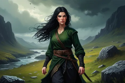 Prompt: Background in dramatic Irish scenery, dark vibrant colors, high quality, game-rpg style, epic high fantasy, traditional art, dramatic dark lighting, heroic fighter, fascinating, high quality details, atmospheric lighting, highres, fantasy,  immersive, murky tones, medieval, mysterious, foggy, moody atmosphere, Aoibhinn McGinnity, Detailed DnD fantasy art of a heroic female fighting in the landscape, green eyes, thick long tousled black hair, traditional detailed oil painting, low body fat, intricate detailed typical Irish clothes, detailed black belts