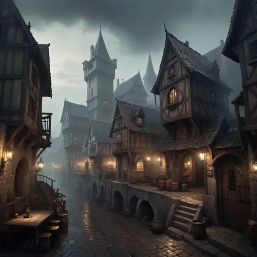 Prompt: DnD fantasy landscape with a murky city, detailed houses and taverns, atmospheric lighting, highres, fantasy, detailed architecture, immersive, murky tones, medieval, mysterious, foggy, bustling city, detailed alleys, ancient buildings, moody atmosphere