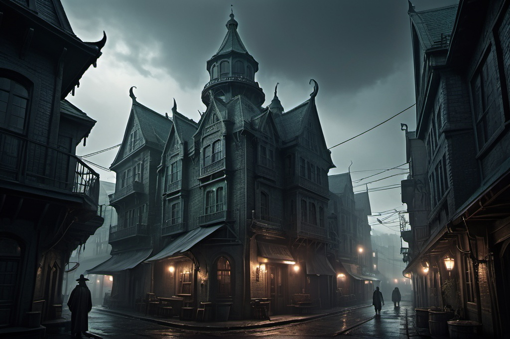 Prompt: Huge very detailed Cthulhu fantasy landscape with a gloomy murky city, a walking Byakhee, detailed houses and taverns, dark atmospheric lighting, highresolution, dark fantasy, detailed architecture, immersive, murky tones, dark eaarly 1920's mysterious, foggy, bustling city, detailed alleys, 1920's buildings, moody atmosphere, few mystic people hided in the shadows, 