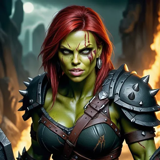 Prompt: Charlize Theron as female Orc, Detailed WoW fantasy art of a heroic female wild orc barbarian, lovely facial traits, green skin, red hair, detailed outstanding visible boar teeth at the mouth, detailed outstanding visible tusks at the mouth, traditional detailed painting, intricate small black leather armor, detailed black belts, dramatic lighting, dark vibrant colors, high quality, game-rpg style, epic fantasy, traditional art, detailed dark leather armor, dramatic lighting, heroic strong barbarian, fascinating dry muscles, large biceps, strong underarms, low body fat, vibrant colors, high quality details, impressive warhammer