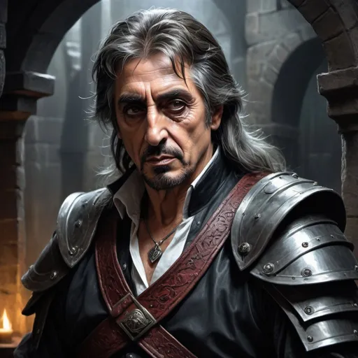 Prompt: Al Pacino, Detailed DnD fantasy art of a heroic male rogue, black eyes, thick long tousled silvergrey hair  traditional detailed oil painting, low body fat, intricate detailed black leather armour, detailed black belts, in dramatic lighting backroom background, dark vibrant colors, high quality, game-rpg style, epic high fantasy, traditional art, dramatic dark lighting, heroic rouge, fascinating, high quality details, atmospheric lighting, highres, fantasy,  immersive, murky tones, medieval, mysterious, foggy, moody atmosphere