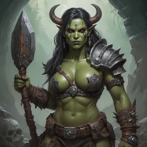 Prompt: Detailed DnD fantasy art of a heroic female dnd half orc barbarian, green skin, detailed tusks, traditional detailed painting,  intricate small black leather armor, detailed black belts, dramatic lighting, vibrant colors, high quality, game-rpg style, epic fantasy, traditional art,  detailed dark leather armor, dramatic lighting, heroic barbarian, fascinating dry muscles, large biceps, strong underarms, low body fat, vibrant colors, high quality details, impressive warhammer in the hand