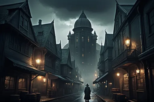 Prompt: Huge very detailed Cthulhu fantasy landscape with a gloomy murky city, a walking Byakhee, detailed houses and taverns, dark atmospheric lighting, highresolution, dark fantasy, detailed architecture, immersive, murky tones, dark eaarly 1920's mysterious, foggy, bustling city, detailed alleys, 1920's buildings, moody atmosphere, few mystic people hided in the shadows, 