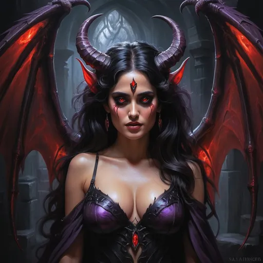 Prompt: Full body Succubus in a dimly lit dungeon, oil painting, Salma Hayek facial twin, pretty facial traits, detailed overdimensional huge devilwings with iridescent highlights, flowing and exploding thick black tousled hair, purple corsage, high quality, oil painting, fantasy, murky atmospheric lighting, detailed features, alluring, fantasy art, mystical, atmospheric, glowing red eyes, devilish horns and wings, mystical aura, shadowy and atmospheric lighting, high quality, traditional sketch, mystical, pencil drawing, devilish horns, sultry, intricate, dark and moody, atmospheric lighting