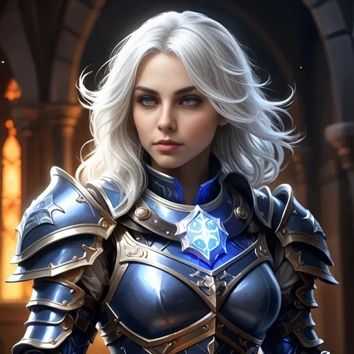 Prompt: D&D Fantasy illustration of a female cleric in darkblue full plate armor, overhelming and stunning beautiful and cute facial traits, full body, immensive thick tousled white hair, radiant glowing eyes, mystical holy symbols engraved on armor, ethereal glow surrounding her, high quality, detailed armor, fantasy, radiant, grey eyes, white hair, mystical, ethereal, full plate armor, female cleric, detailed, radiant glow, enchanted, professional lighting
