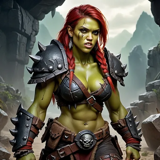 Prompt: Jessica Alba as female Orc, Detailed DnD fantasy art of a heroic female wild orc barbarian, cute facial traits, green skin, red hair, detailed outstanding visible boar teeth at the mouth, detailed outstanding visible tusks at the mouth, detailed huge fangs, traditional detailed painting, intricate small black leather armor, detailed black belts, dramatic lighting, dark vibrant colors, high quality, game-rpg style, epic fantasy, traditional art, detailed dark leather armor, dramatic lighting, heroic strong barbarian, fascinating dry muscles, large biceps, strong underarms, low body fat, vibrant colors, high quality details, impressive warhammer