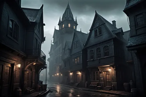 Prompt: Huge very detailed Cthulhu Dark fantasy landscape with a gloomy murky city, detailed houses and taverns, dark atmospheric lighting, highresolution, dark fantasy, detailed architecture, immersive, murky tones, dark eaarly 1920's mysterious, foggy, bustling city, detailed alleys, 1920's buildings, moody atmosphere, few mystic people hided in the shadows...Bhyakee monster is loitering around
