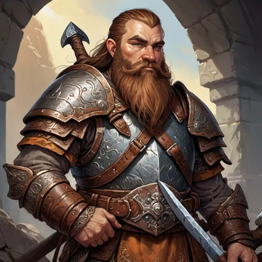 Prompt: Detailed DnD fantasy art of a heroic male dnd dwarf warrior, weathered skin, brown hair, brown long beard, traditional detailed painting,  intricate Mithril armour, detailed brown belts, dramatic lighting, vibrant colors, high quality, game-rpg style, epic fantasy, traditional art,  detailed armour, dramatic lighting, heroic warrior,  vibrant colors, high quality details, Nordic Axe