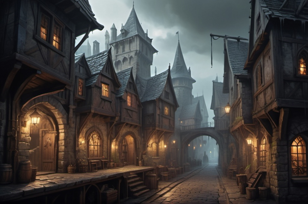 Prompt: Huge very detailed DnD fantasy landscape with a murky city, detailed houses and taverns, atmospheric lighting, highres, fantasy, detailed architecture, immersive, murky tones, medieval, mysterious, foggy, bustling city, detailed alleys, ancient buildings, moody atmosphere, with a small Detailed DnD fantasy art of a pretty heroic female dnd Rogue