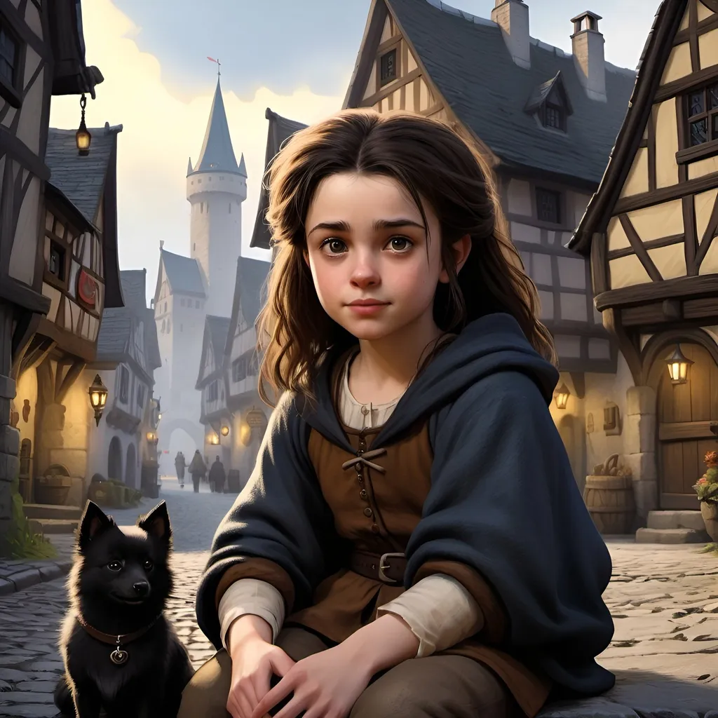 Prompt: Detailed DND young halfling waife in medieval city landscape, darkbrown hair, ragged clothes, German black spitz sitting beside, murky lighting, medieval streets, medieval buildings, many inhabitants in background, high quality, detailed, medieval, fantasy, detailed hair, traditional, atmospheric lighting, detailed scenery