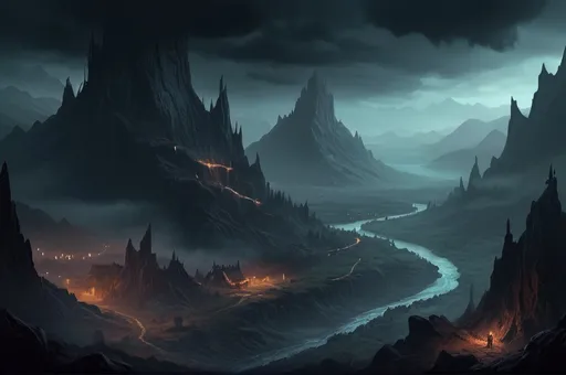 Prompt: Faerun Landscape with dramatic lighting, Dnd monsters who fight against adventurers, dark vibrant colors, high quality, game-rpg style, epic high fantasy, traditional art, dramatic dark lighting, fascinating, high quality details, in a murky background, atmospheric lighting, highres, fantasy,  immersive, murky tones, mysterious, foggy, moody atmosphere,