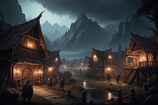 Prompt: Huge Faerun Wooden Landscape with dramatic lighting, human village, Dnd monsters who fight against adventurers, dark vibrant colors, high quality, game-rpg style, epic high fantasy, traditional art, dramatic dark lighting, fascinating, high quality details, in a murky background, atmospheric lighting, highres, fantasy,  immersive, mysterious, moody atmosphere, goblins are doing raid