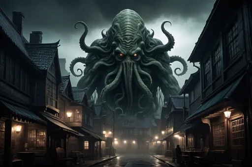 Prompt: Huge very detailed Cthulhu Dark fantasy landscape with a gloomy murky city, detailed houses and taverns, dark atmospheric lighting, highresolution, dark fantasy, detailed architecture, immersive, murky tones, dark eaarly 1920's mysterious, foggy, bustling city, detailed alleys, 1920's buildings, moody atmosphere, few mystic people hided in the shadows...Shoggoten monster is loitering around