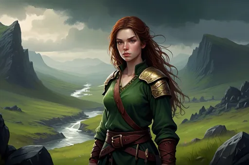 Prompt: Background in dramatic Irish scenery, dark vibrant colors, high quality, game-rpg style, epic high fantasy, traditional art, dramatic dark lighting, heroic fighter, fascinating, high quality details, atmospheric lighting, highres, fantasy,  immersive, murky tones, medieval, mysterious, foggy, moody atmosphere, Charlie Murphy, Detailed DnD fantasy art of a cute heroic female fighter in the landscape, green eyes, thick long tousled red-touched darkbrown hair, traditional detailed oil painting, low body fat, intricate detailed typical Irish mens clothes, detailed black belts