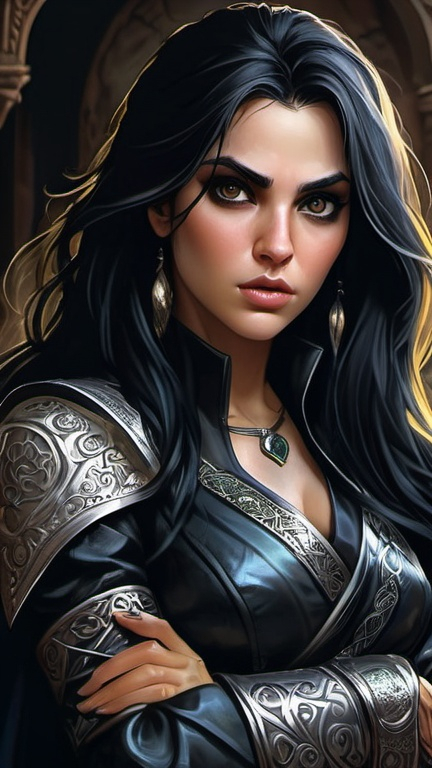 Prompt: Detailed DnD fantasy art of a pretty heroic female dnd Rogue, Aminta Suman facial twin, lovely facial traits, darkbrown eyes, thick long tousled black hair, traditional detailed oil painting, intricate small black leather armor,  detailed black belts, dramatic lighting, dark vibrant colors, high quality, game-rpg style, epic high fantasy, traditional art, detailed black leather armor, dramatic dark lighting, heroic rogue, fascinating, high quality details, Dagger, murky urban arabic background