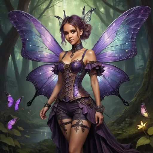 Prompt: Jessica Alba, Detailed, full body high-quality painting of a Dnd fairy, intricate dragonflywings with dark shimmering colors, cute facial traits, purple hair, detailed victorian murky steampunk outfit, magical forest setting, ethereal darkglowing aura, whimsical and enchanting, fantasy, fantastical, dark vibrant colors, gloomy and warm lighting, artificier outfit, butterflies