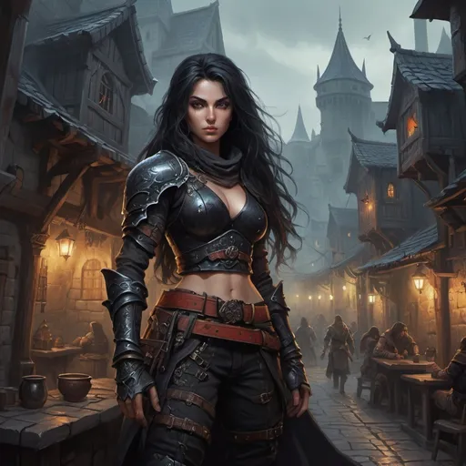 Prompt: A Huge very detailed DnD fantasy landscape with a murky city, detailed houses and taverns, atmospheric lighting, highres, fantasy, detailed architecture, immersive, murky tones, medieval, mysterious, foggy, bustling city, detailed alleys, ancient buildings, moody atmosphere with Amita Suman, Detailed DnD fantasy art of a pretty heroic female dnd Rogue, thick long tousled black hair, slim ripped and wiry body, traditional detailed painting, detailed intricate bellyfree black rogue armor, detailed black belts, dramatic lighting, vibrant colors, high quality, game-rpg style, epic high fantasy, traditional art, dramatic dark lighting, heroic rogue, fascinating, vibrant colors, high quality details, Dagger in the hand