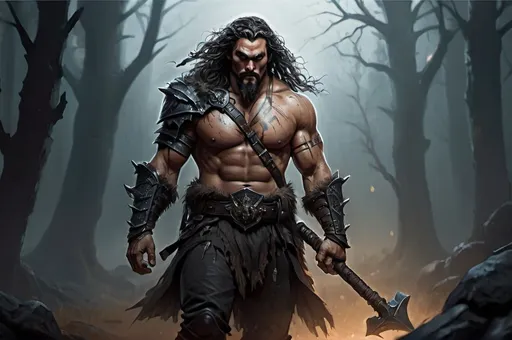 Prompt: Jason Momoa, Detailed DnD fantasy art of a heroic male goliath barbarian, black eyes, thick long tousled black hair, traditional detailed oil painting, intricate detailed brown leather armour, detailed black belts, dramatic lighting, dark vibrant colors, high quality, game-rpg style, epic high fantasy, traditional art, dramatic dark lighting, heroic cleric, fascinating, high quality details, battlehammer in the hand, in a murky battlefield background, atmospheric lighting, highres, fantasy,  immersive, murky tones, medieval, mysterious, foggy, moody atmosphere, undead walking around