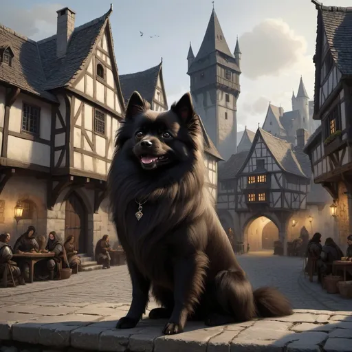 Prompt: Detailed DND halfing orphanage in medieval city landscape, dark brown hair, German black spitz sitting beside, murky lighting, medieval streets, medieval buildings, many inhabitants in background, high quality, detailed, medieval, fantasy, detailed hair, traditional, atmospheric lighting, detailed scenery