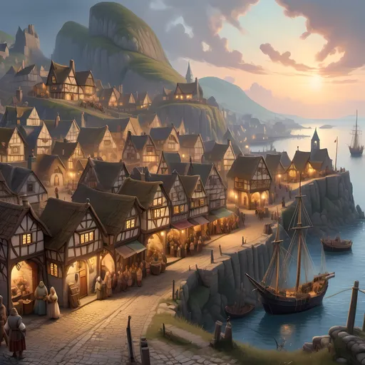 Prompt: Medieval fantasy landscape with bustling village, detailed architecture and cobblestone streets, lively townsfolk in period clothing, merchant ships docked, majestic castle on a hill, mystical fantasy lighting, high quality, detailed medieval architecture, bustling harbor, lively townsfolk, fantasy landscape, mystical lighting