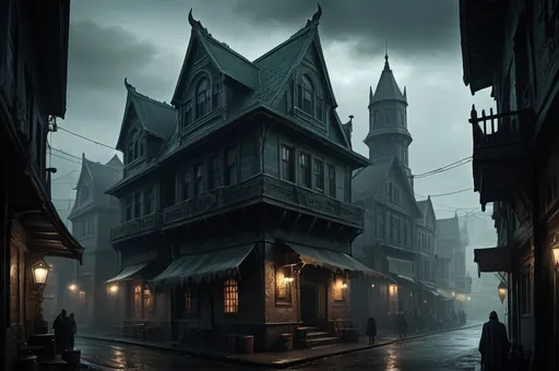 Prompt: Huge very detailed Cthulhu fantasy landscape with a gloomy murky city, detailed houses and taverns, dark atmospheric lighting, highresolution, dark fantasy, detailed architecture, immersive, murky tones, dark eaarly 1920's mysterious, foggy, bustling city, detailed alleys, 1920's buildings, moody atmosphere, few mystic people hided in the shadows, Byakhee is loitering around