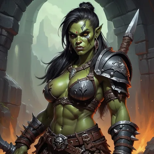 Prompt: Detailed DnD fantasy art of a heroic female dnd half orc barbarian, green skin, proud canine teeth, traditional detailed painting,  intricate small black leather armor, detailed black belts, dramatic lighting, vibrant colors, high quality, game-rpg style, epic fantasy, traditional art,  detailed dark leather armor, dramatic lighting, heroic barbarian, fascinating dry muscles, large biceps, srong underamrs, low body fat, vibrant colors, high quality details, impressive warhammer