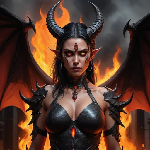 Prompt: Detailed digital painting of full body female Baldur's Gate 3 Demon Mizora, Anya Chalotra, stunning pretty but mean facial traits, grey skin, leathery huge and black demonwings, fiery and ominous atmosphere, high quality, digital painting, menacing demonic features, glowing eyes, intense expression, swirling background flames, dark and foreboding color tones, intricate horns, fiery backdrop, dramatic lighting