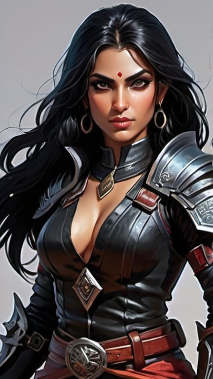 Prompt: Amita Suman, Detailed DnD fantasy art of a pretty heroic female dnd Rogue, lovely facial traits, thick long tousled black hair, traditional detailed painting, intricate small black leather armor,  detailed black belts, dramatic lighting, vibrant colors, high quality, game-rpg style, epic high fantasy, traditional art, detailed black leather armor, dramatic dark lighting, heroic rogue, fascinating, vibrant colors, high quality details, Dagger