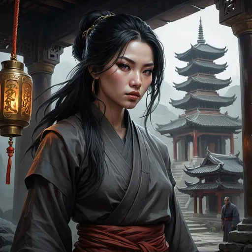 Prompt: Gwendolyne Yeo, detailed DnD fantasy art of a heroic female human monk, black eyes, thick long tousled black hair, undercut, traditional detailed oil painting, intricate detailed full fabric clothes, detailed black belts, Landscape with dramatic lighting, dark vibrant colors, high quality, game-rpg style, epic high fantasy, traditional art, dramatic dark lighting, heroic monk, fascinating, high quality details, in a murky asian temple background surrounded by other training monks, atmospheric lighting, highres, fantasy,  immersive, murky tones, medieval, mysterious, foggy, moody atmosphere, 