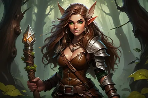 Prompt: Detailed DnD fantasy art of a pretty heroic female wood gnome druid, Natalie Portmann facial twin, cute facial traits, green eyes, thick long tousled syringa hair, little cleavage, traditional detailed oil painting, intricate small brown leather armor, detailed black belts, dramatic lighting, dark vibrant colors, high quality, game-rpg style, epic high fantasy, traditional art, detailed brown leather armor, dramatic dark lighting, heroic druid, fascinating, high quality details, wandering staff in the hand, in a murky forest background in a DnD fantasy landscape with detailed plants and trees, atmospheric lighting, highres, fantasy,  immersive, murky tones, medieval, mysterious, foggy, moody atmosphere, little birds flying around, dragonflies and butterflies flying around