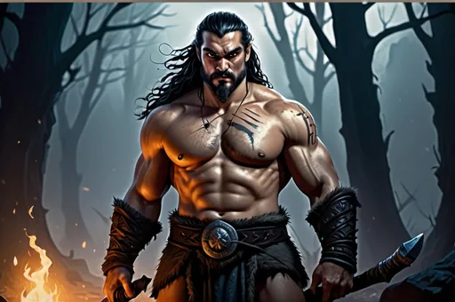 Prompt: Khal Drogo, Detailed DnD fantasy art of a heroic male goliath barbarian, black eyes, thick long tousled black hair, traditional detailed oil painting, detailed massive intricate muscles, low body fat, intricate detailed brown leather armour, detailed black belts, dramatic lighting, dark vibrant colors, high quality, game-rpg style, epic high fantasy, traditional art, dramatic dark lighting, heroic cleric, fascinating, high quality details, battlehammer in the hand, in a murky battlefield background, atmospheric lighting, highres, fantasy,  immersive, murky tones, medieval, mysterious, foggy, moody atmosphere, undead walking around