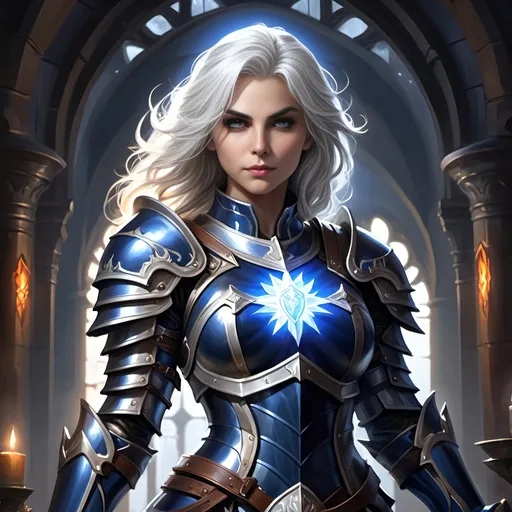 Prompt: Pike Trickfoot, D&D Fantasy illustration of a female cleric in darkblue full plate armor, overhelming and stunning beautiful and cute facial traits, full body, immensive thick tousled white hair, radiant glowing eyes, mystical holy symbols engraved on armor, ethereal glow surrounding her, high quality, detailed armor, fantasy, radiant, grey eyes, white hair, mystical, ethereal, full plate armor, female cleric, detailed, radiant glow, enchanted, professional lighting