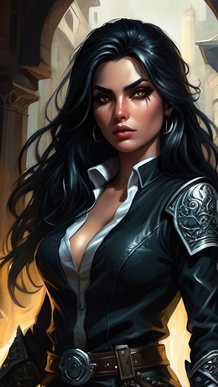 Prompt: Detailed DnD fantasy art of a pretty heroic female dnd Rogue, Aminta Suman facial twin, lovely facial traits, darkbrown eyes, thick long tousled black hair, traditional detailed oil painting, intricate small black leather armor,  detailed black belts, dramatic lighting, dark vibrant colors, high quality, game-rpg style, epic high fantasy, traditional art, detailed black leather armor, dramatic dark lighting, heroic rogue, fascinating, high quality details, Dagger, murky urban arabic background