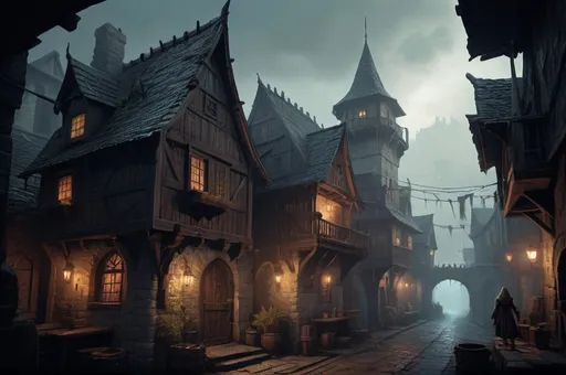 Prompt: Huge very detailed DnD fantasy landscape with a murky city, detailed houses and taverns, atmospheric lighting, highres, fantasy, detailed architecture, immersive, murky tones, medieval, mysterious, foggy, bustling city, detailed alleys, ancient buildings, moody atmosphere, a dnd female Dnd Assassin lungering around a house corner with a dagger in her hand