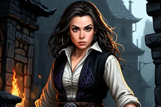 Prompt: Alyssa Milano, Detailed DnD fantasy art of a young heroic female dnd Halfling Rogue, many thick long tousled dark brown hair, traditional detailed painting, intricate small black brocade vest, detailed black belts, dramatic lighting, dark vibrant colors, high quality, game-rpg style, epic high fantasy, traditional art, detailed black fabric armor, dramatic dark lighting, heroic rogue, fascinating, dark vibrant colors, high quality details, 
high quality detailed medivial urban background