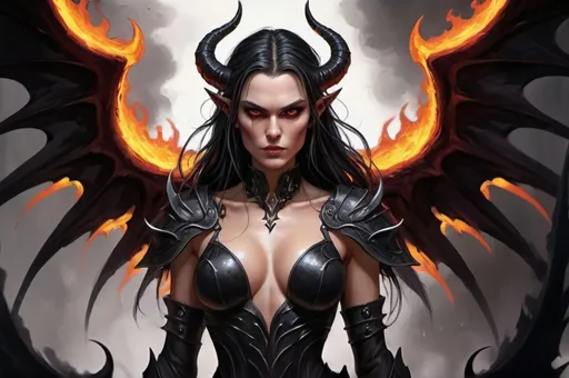 Prompt: Detailed digital painting of full body female Baldur's Gate 3 Demon Mizora, Keira Knightley, stunning pretty but mean facial traits, grey skin, immensive thick long tousled black hair with white wisps, leathery tremendous huge and black demonwings, eight-pack bellyfree corsage, fiery and ominous atmosphere, high quality, digital painting, menacing demonic features, glowing eyes, intense expression, swirling background flames, dark and foreboding color tones, intricate horns, fiery backdrop, dramatic lighting