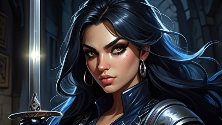 Prompt: Detailed DnD fantasy art of a pretty heroic female dnd Rogue, Amita Suman facial twin, bonnie facial traits, Amita Suman body twin, black eyes, thick long tousled black hair, little cleavage, traditional detailed oil painting, intricate small darkblue in black leather armor,  detailed black belts, dramatic lighting, dark vibrant colors, high quality, game-rpg style, epic high fantasy, traditional art, detailed black leather armor, dramatic dark lighting, heroic rogue, fascinating, high quality details, Rapier in the hand, murky urban arabic background