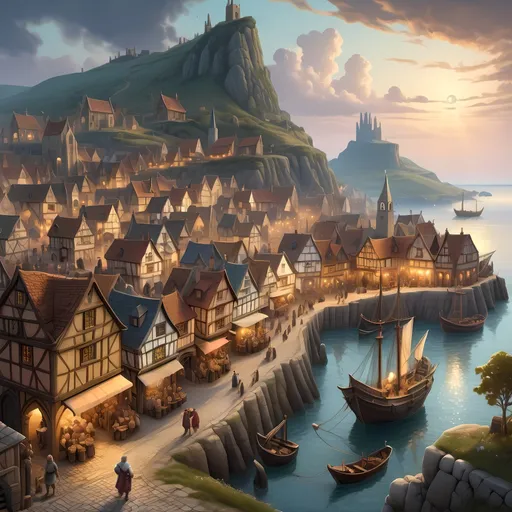Prompt: Medieval fantasy landscape with bustling village and harbor, detailed architecture and cobblestone streets, lively townsfolk in period clothing, merchant ships docked, majestic castle on a hill, mystical fantasy lighting, high quality, detailed medieval architecture, bustling harbor, lively townsfolk, majestic castle, fantasy landscape, mystical lighting